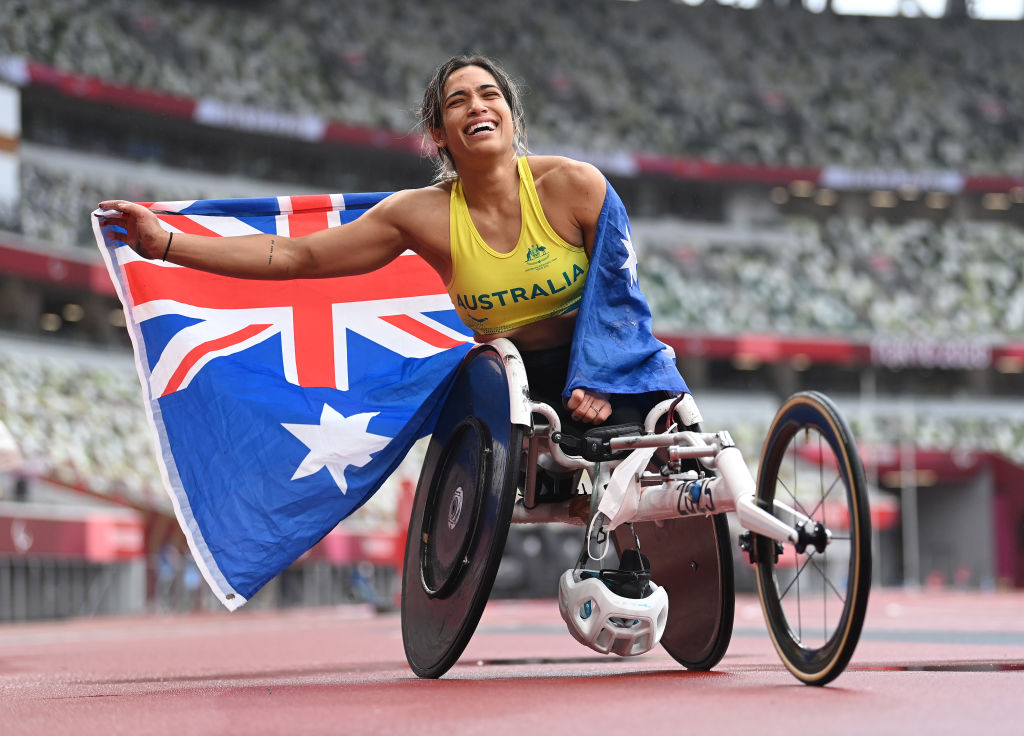 TOKYO, JAPAN - SEPTEMBER 05: Madison de Rozario fo Team Australia reacts after winning the gold medal in the women's Marathon - T54 on day 12 of the Tokyo 2020 Paralympic Games at Olympic Stadium on September 05, 2021 in Tokyo, Japan. (Photo by Alex Davidson/Getty Images)