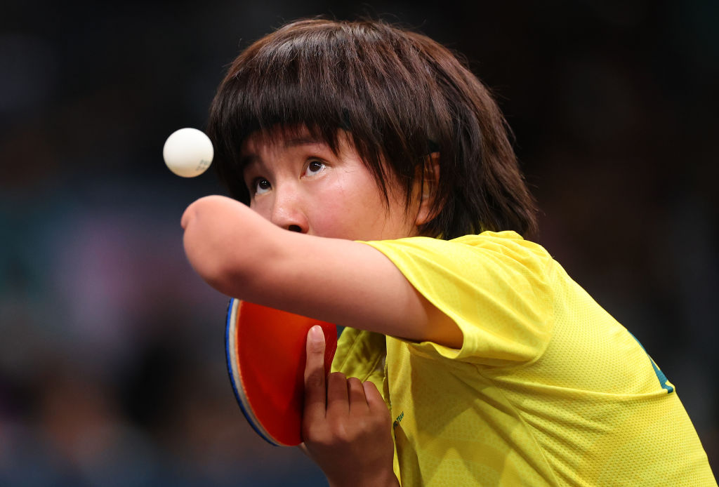 PARIS, FRANCE - SEPTEMBER 04: Qian Yang of Team Australia competes during the Para Table Tennis Women's Singles WS10 Gold Medal match on day seven of the Paris 2024 Summer Paralympic Games at South Paris Arena on September 04, 2024 in Paris, France. (Photo by Michael Reaves/Getty Images)