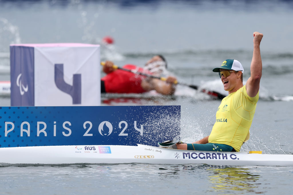 PARIS, FRANCE - SEPTEMBER 07: Gold medalist, Curtis McGrath of Team Australia, celebrates victory following the Men's Kayak Single 20m KL2 Final A on day ten of the Paris 2024 Summer Paralympic Games at Vaires-Sur-Marne Nautical Stadium on September 07, 2024 in Paris, France. (Photo by Steph Chambers/Getty Images)