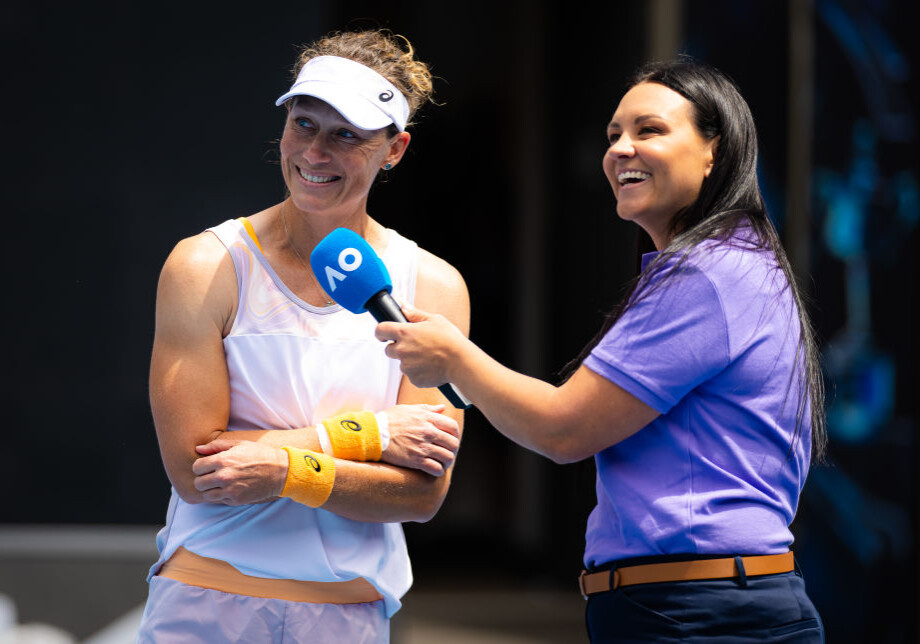 MELBOURNE, AUSTRALIA - JANUARY 19: Samantha Stosur of Australia talks to interviewer Casey Dellacqua after finishing her last career Womens doubles match with partner Alize Cornet of France on Day 4 of the 2023 Australian Open at Melbourne Park on January 19, 2023 in Melbourne, Australia (Photo by Robert Prange/Getty Images)